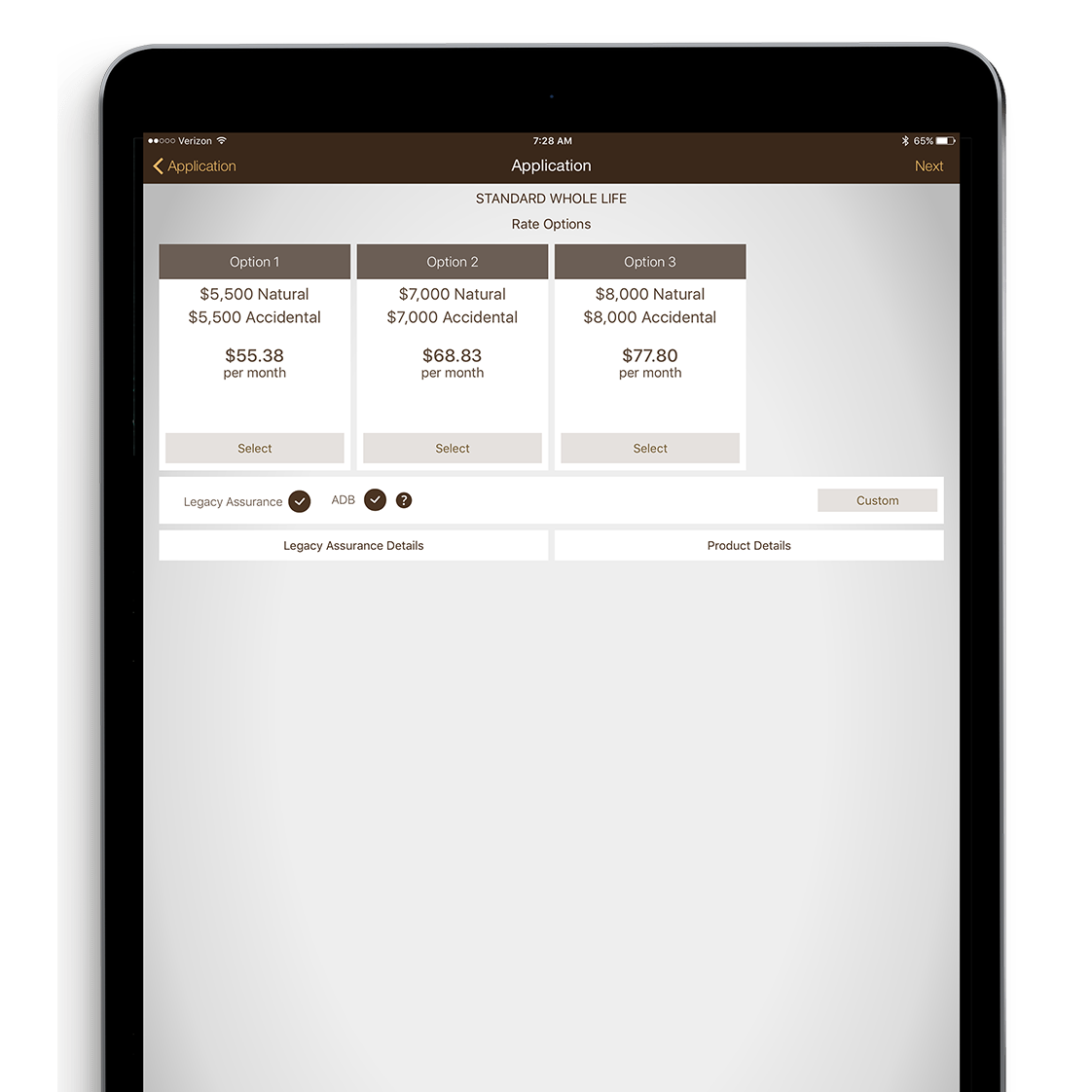 iPad showing Senior Life's various plans.